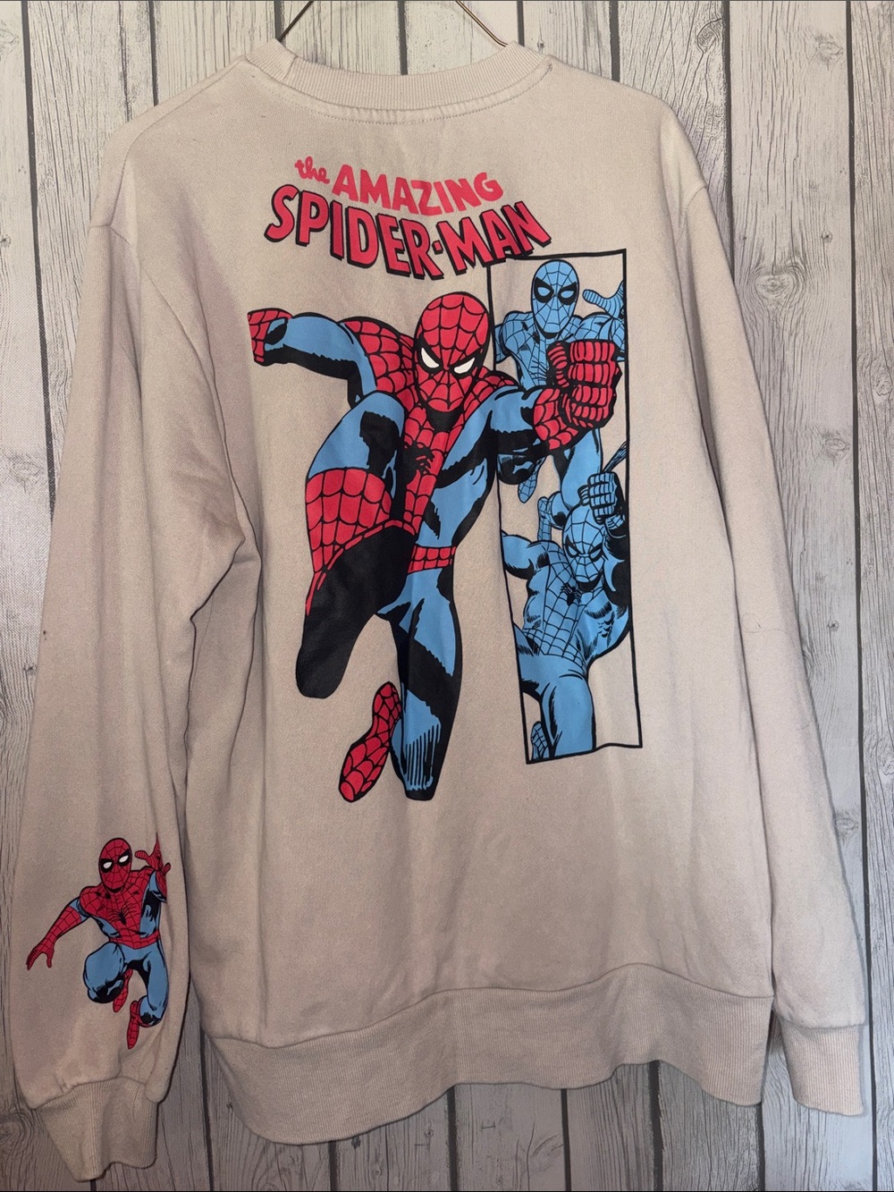 Marvel The Amazing Spider-Man Beige Crewneck Sweatshirt with Red & Blue Graphics